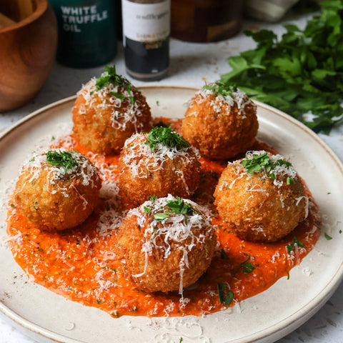 Truffle Arancini with Truffle Romesco Sauce
